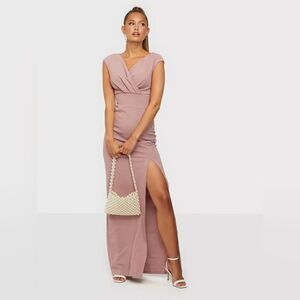 NWT AX Paris Plunge Front Maxi Dress High Slit in Mushroom Color Women’s US Sz10